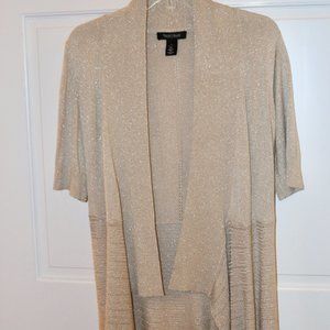 White House Black Market Drape Front Cardigan Sweater Sparkly Gold Short Sleeve